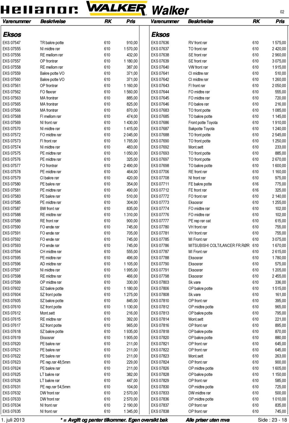 EKS 07566 MA frontrør 610 870,00 EKS 07568 FI mellom rør 610 474,00 EKS 07569 NI front rør 610 1 430,00 EKS 07570 NI midtre rør 610 1 415,00 EKS 07572 FO midtre rør 610 2 045,00 EKS 07573 FI front