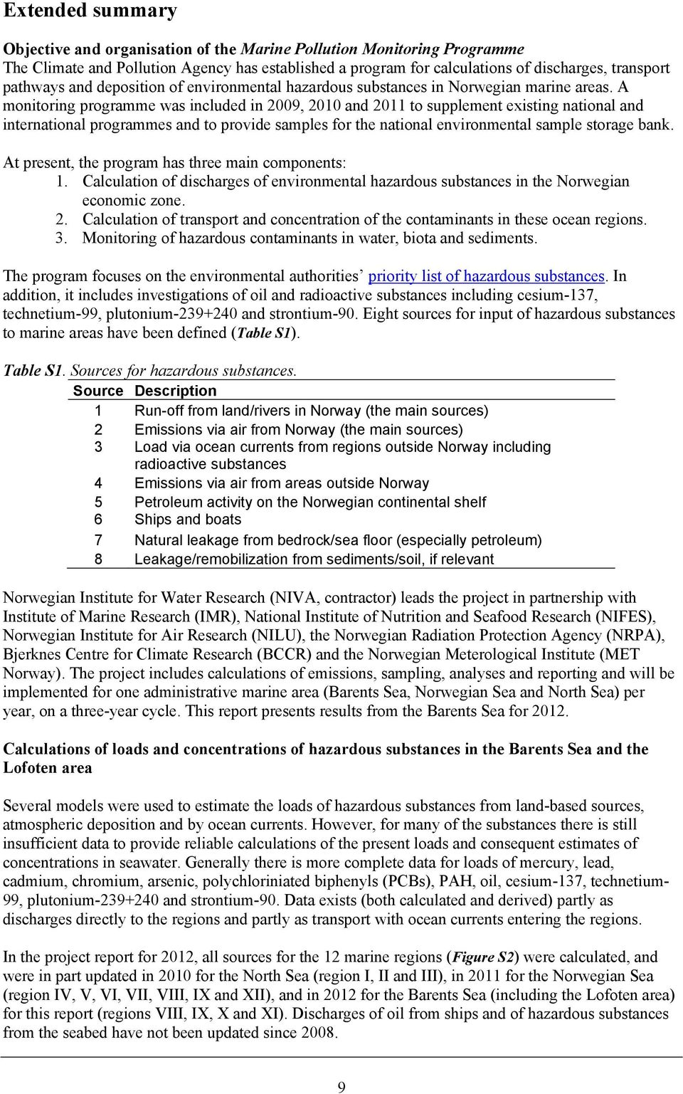 A monitoring programme was included in 2009, 2010 and 2011 to supplement existing national and international programmes and to provide samples for the national environmental sample storage bank.