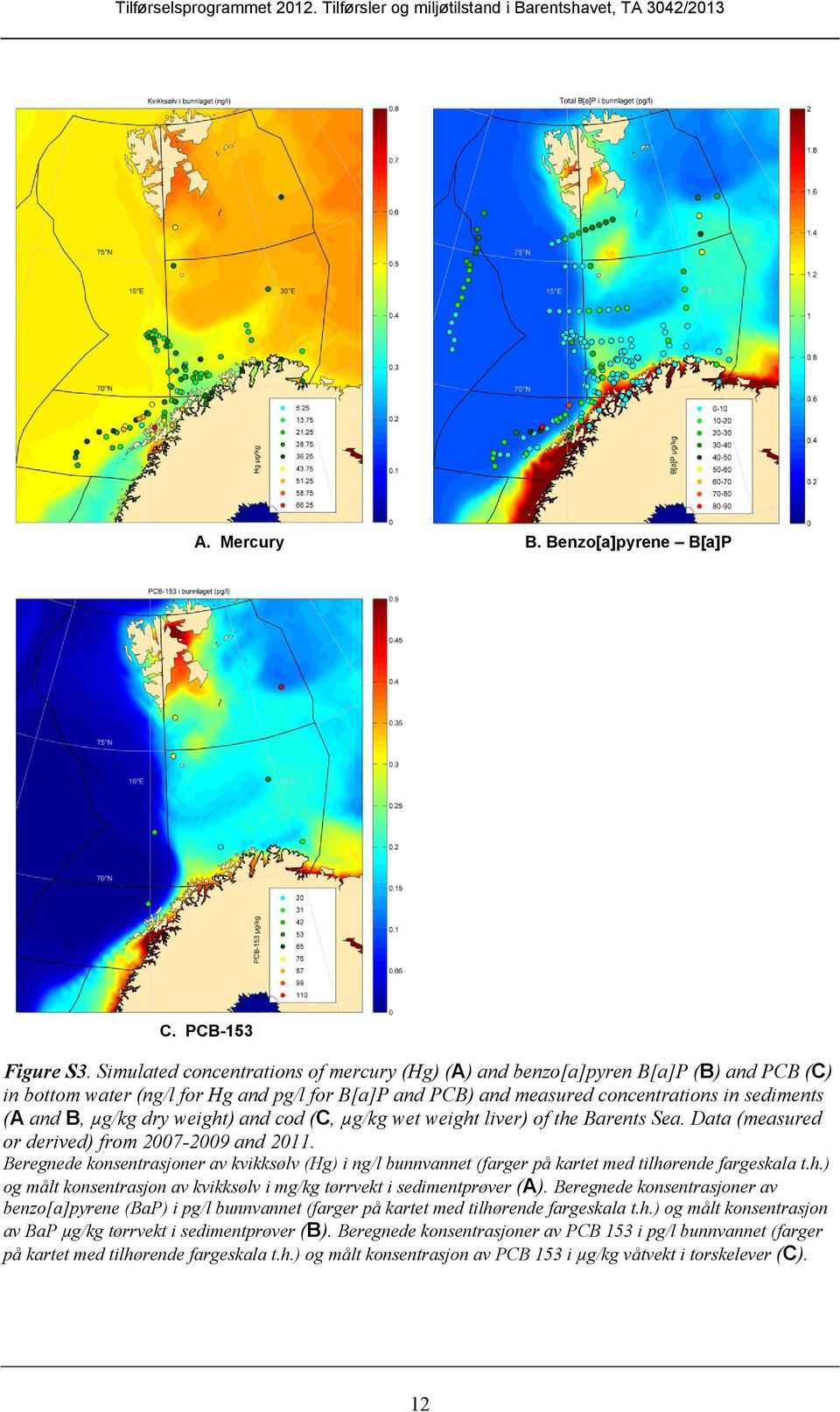 dry weight) and cod (C, µg/kg wet weight liver) of the Barents Sea. Data (measured or derived) from 2007-2009 and 2011.