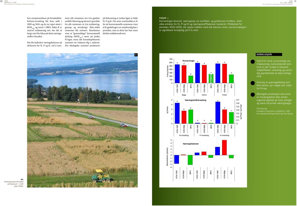 Det store overskuddet av K Kornavlinger (øverst), næringstap via overflate- og grøftevann (midten, merk 2009 og 2010, og da var tapet størst i fra alle strømmer ut (via innhøsting, for de