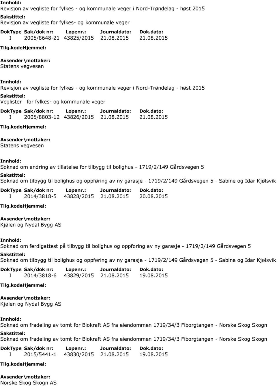2015 Statens vegvesen Revisjon av vegliste for fylkes - og kommunale veger i Nord-Trøndelag - høst 2015 Veglister for fylkes- og kommunale veger I 2005/8803-12 43826/2015 Statens vegvesen Søknad om