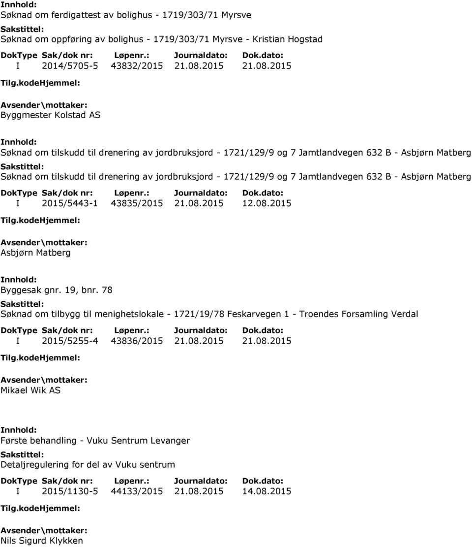 2015 Byggmester Kolstad AS Søknad om tilskudd til drenering av jordbruksjord - 1721/129/9 og 7 Jamtlandvegen 632 B - Asbjørn Matberg Søknad om tilskudd til drenering av jordbruksjord - 1721/129/9 og