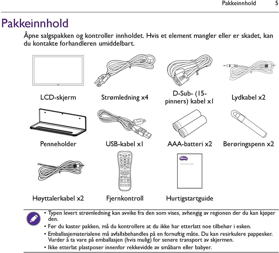 strømledning kan avvike fra den som vises, avhengig av regionen der du kan kjøper den. Før du kaster pakken, må du kontrollere at du ikke har etterlatt noe tilbehør i esken.