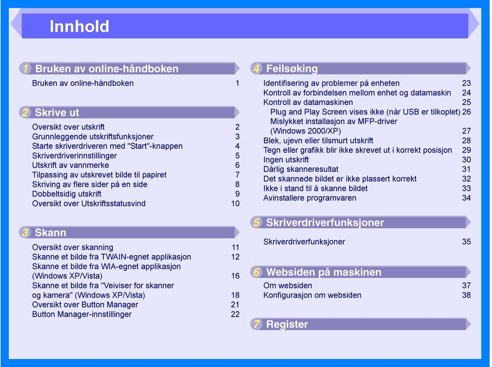 Skann Oversikt over skanning 11 Skanne et bilde fra TWAIN-egnet applikasjon 12 Skanne et bilde fra WIA-egnet applikasjon (Windows XP/Vista) 16 Skanne et bilde fra "Veiviser for skanner og kamera"