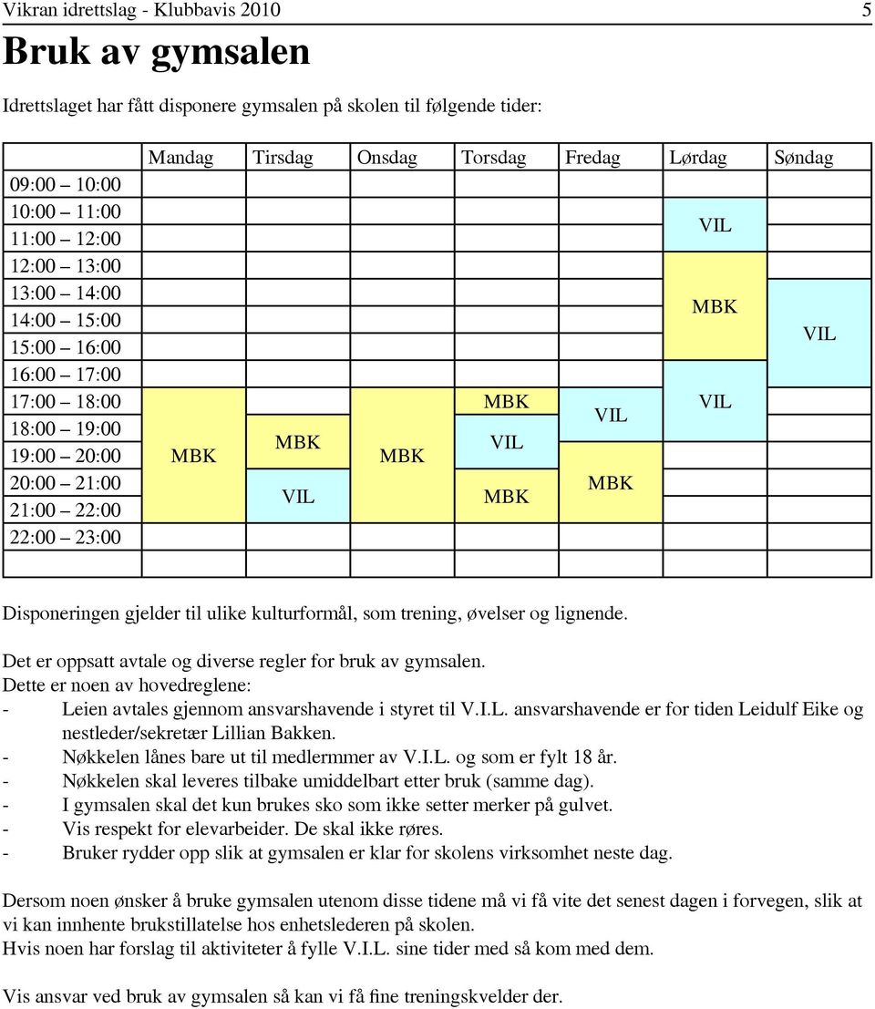 trening, ø velser o g lignende. D et er o p p satt avtale o g diverse regler fo r bruk av gy m salen. D ette er no en av h o vedreglene: - L 