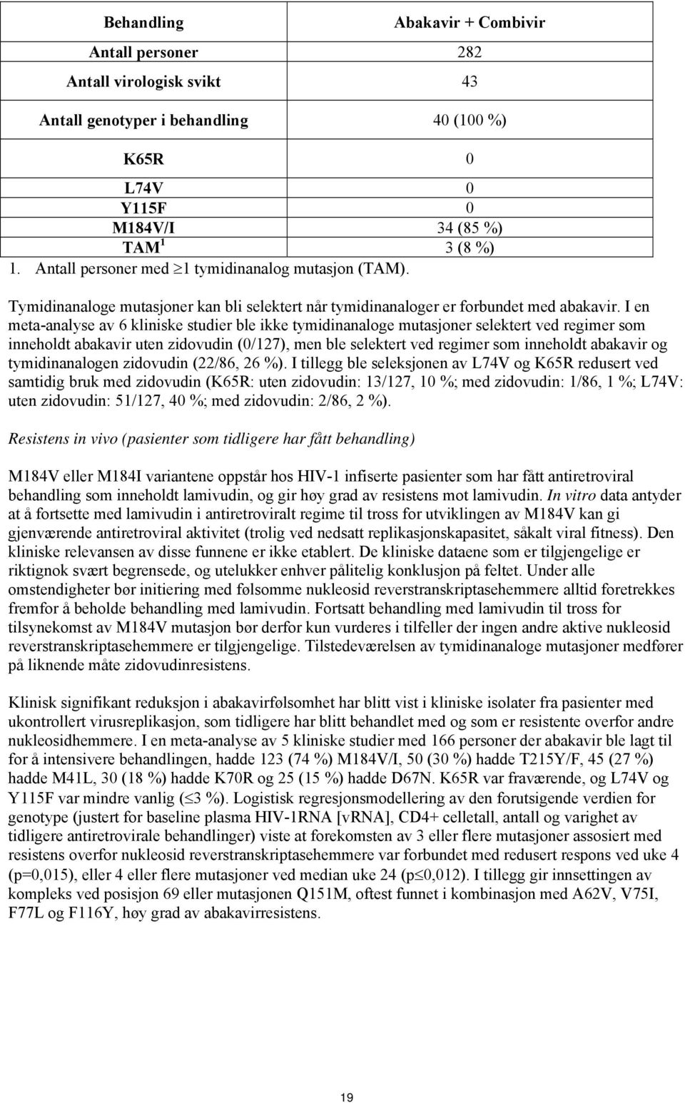 I en meta-analyse av 6 kliniske studier ble ikke tymidinanaloge mutasjoner selektert ved regimer som inneholdt abakavir uten zidovudin (0/127), men ble selektert ved regimer som inneholdt abakavir og