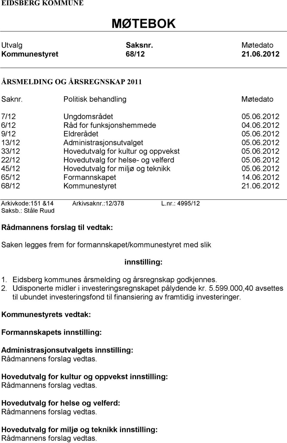 06.2012 65/12 Formannskapet 14.06.2012 68/12 Kommunestyret 21.06.2012 Arkivkode:151 &14 Arkivsaknr.:12/378 L.nr.: 4995/12 Saksb.