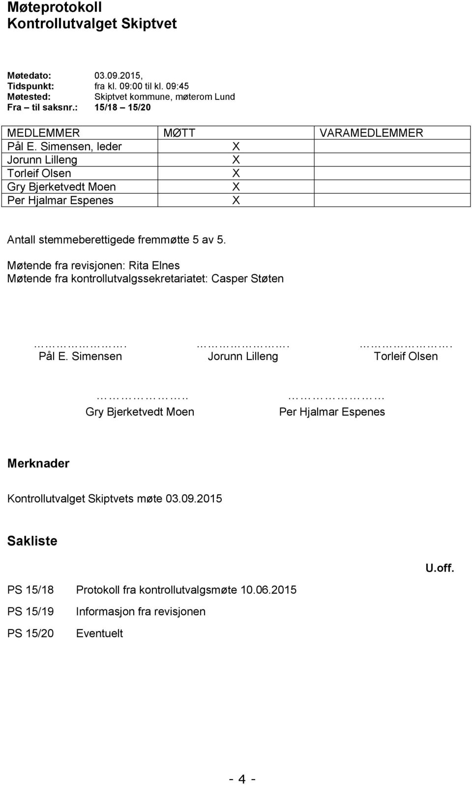 Simensen, leder X Jorunn Lilleng X Torleif Olsen X Gry Bjerketvedt Moen X Per Hjalmar Espenes X Antall stemmeberettigede fremmøtte 5 av 5.