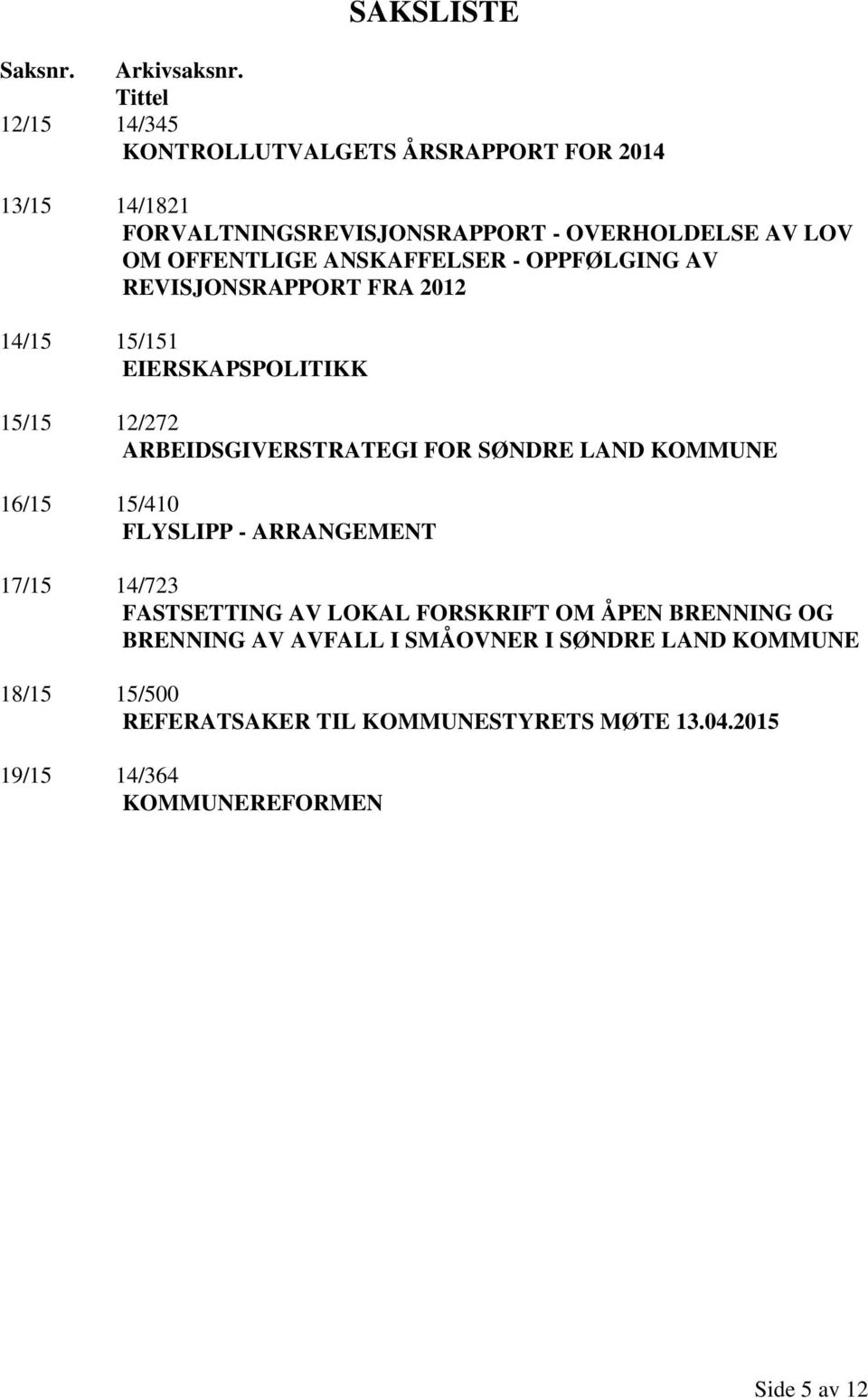 ANSKAFFELSER - OPPFØLGING AV REVISJONSRAPPORT FRA 2012 14/15 15/151 EIERSKAPSPOLITIKK 15/15 12/272 ARBEIDSGIVERSTRATEGI FOR SØNDRE LAND
