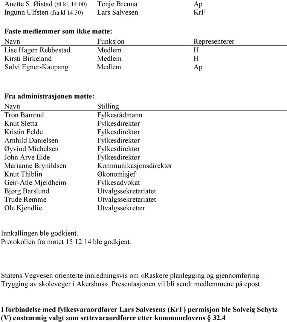 Egner-Kaupang Medlem Ap Fra administrasjonen møtte: Navn Stilling Tron Bamrud Fylkesrådmann Knut Sletta Fylkesdirektør Kristin Felde Fylkesdirektør Arnhild Danielsen Fylkesdirektør Øyvind Michelsen