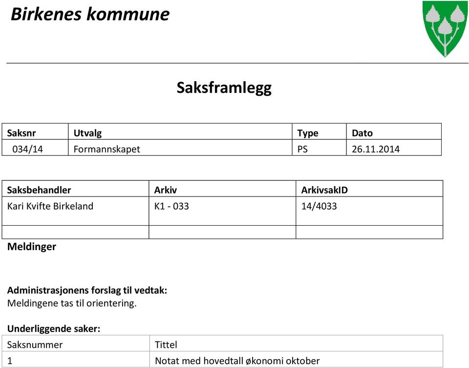 2014 Saksbehandler Arkiv ArkivsakID Kari Kvifte Birkeland K1-033 14/4033