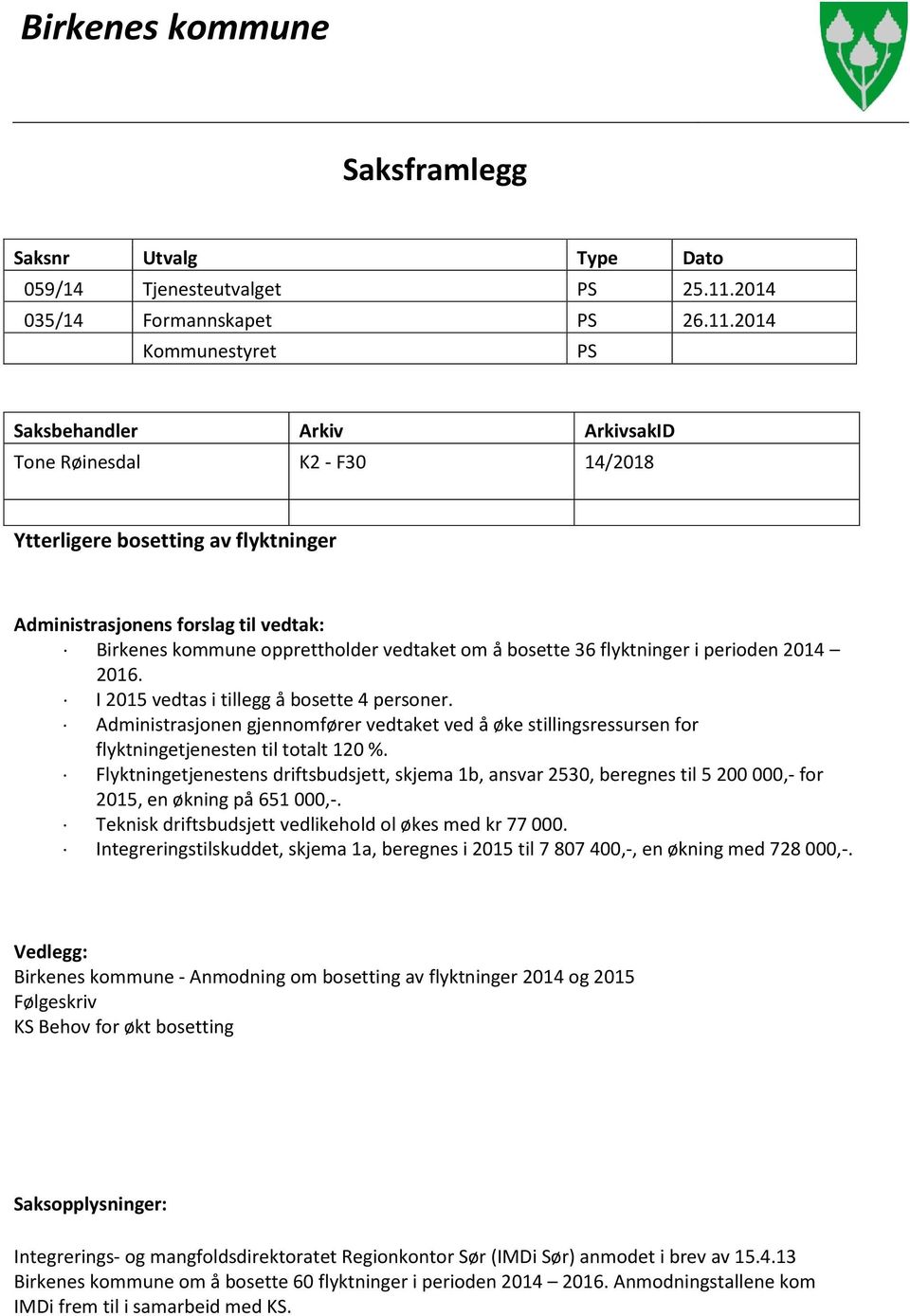 2014 Kommunestyret PS Saksbehandler Arkiv ArkivsakID Tone Røinesdal K2 - F30 14/2018 Ytterligere bosetting av flyktninger Administrasjonens forslag til vedtak: Birkenes kommune opprettholder vedtaket