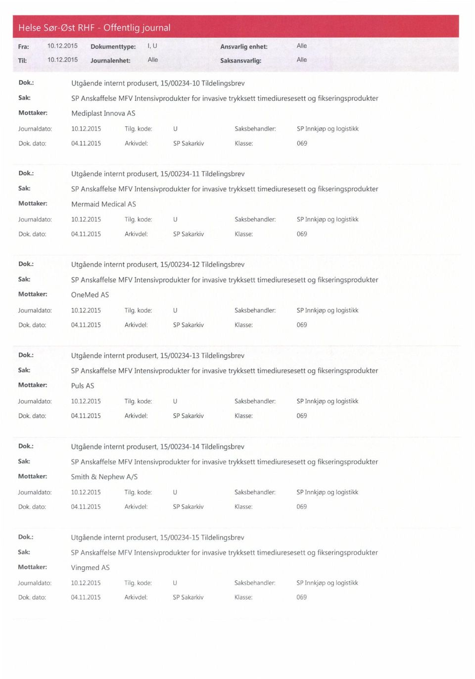 : Utgående internt produsert, 15/00234-11 Tildelingsbrev Sak: SP Anskaffelse MFV Intensivprodukter for invasive trykksett timediuresesett og fikseringsprodukter Mermaid Medical AS Dok.