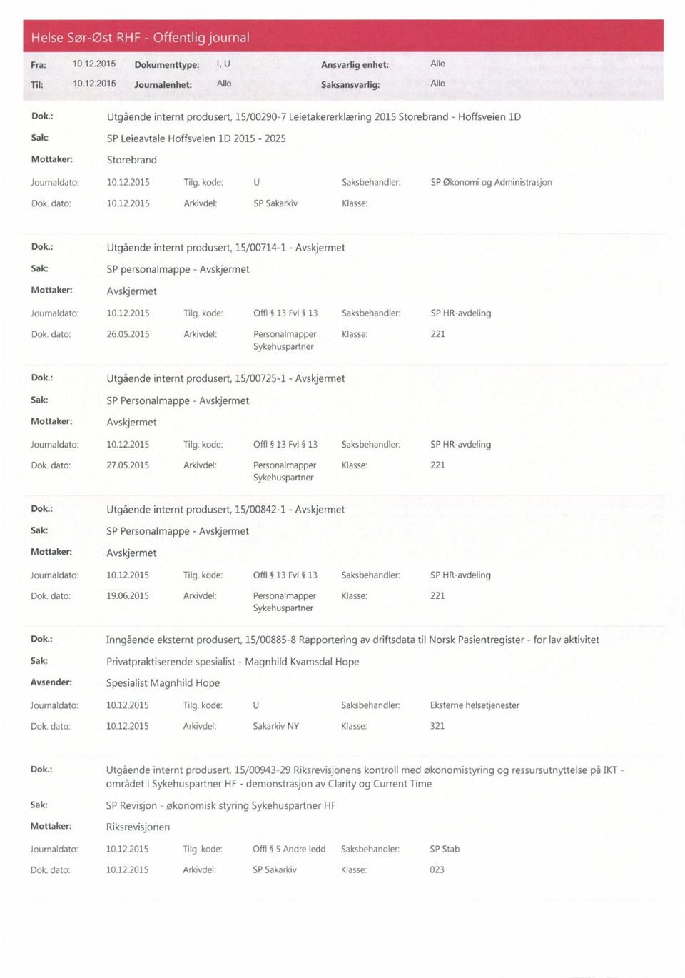 kode: U Saksbehandler: SP Økonomi og Administrasjon Dok. dato: 10.12.2015 Arkivdel: SP Sakarkiv Klasse: Dok.