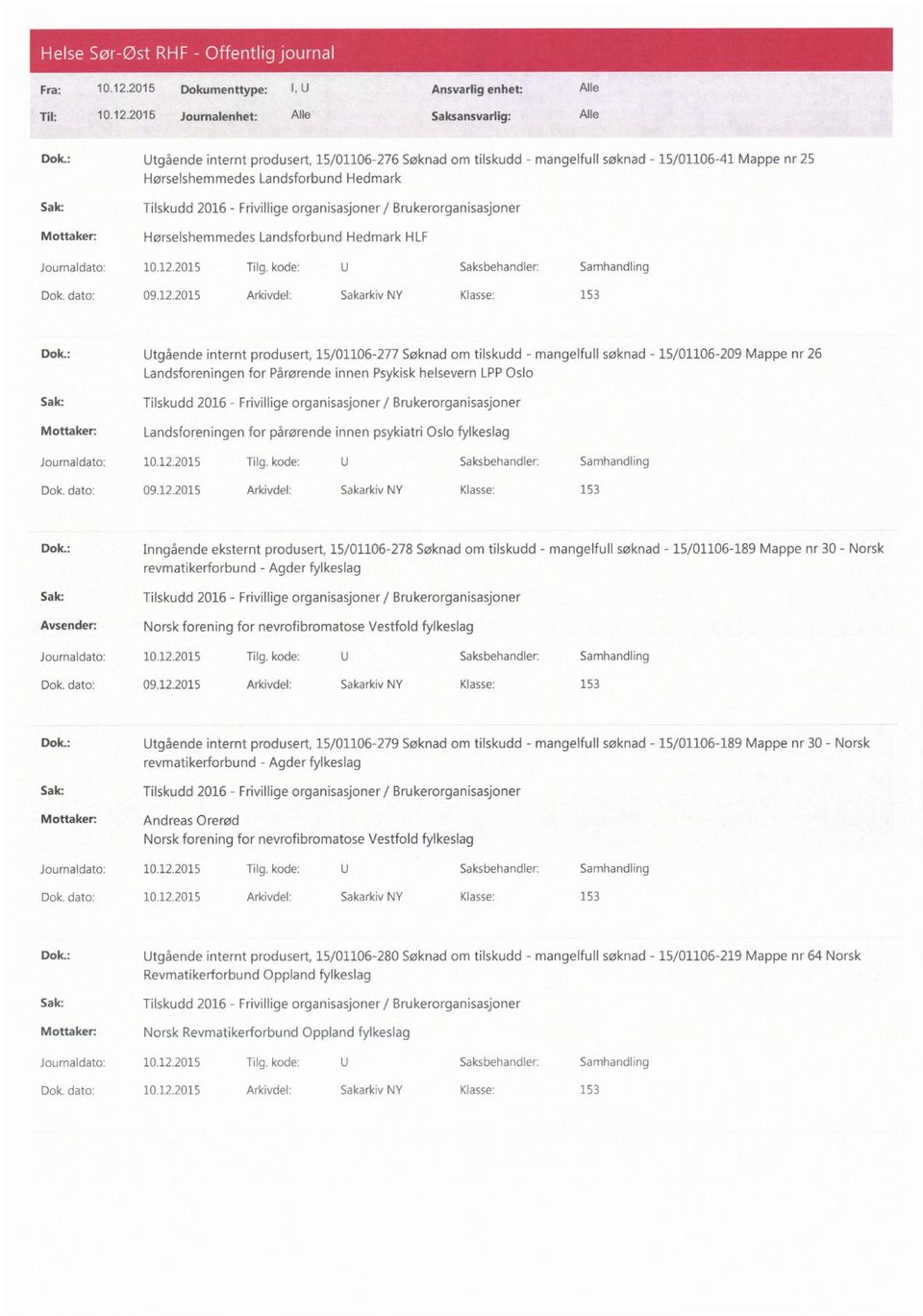 : Utgående internt produsert, 15/01106-277 Søknad om tilskudd - mangelfull søknad - 15/01106-209 Mappe nr 26 Landsforeningen for Pårørende innen Psykisk helsevern LPPOslo Landsforeningen for