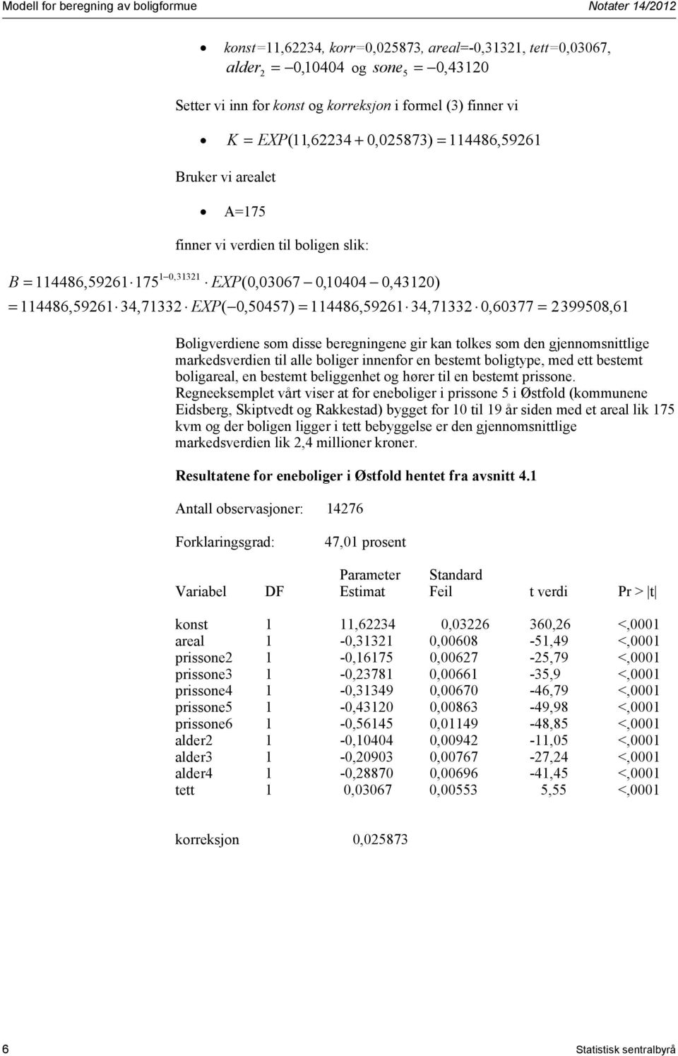 34,71332 0,60377 = 2399508,61 Boligverdiene som disse beregningene gir kan tolkes som den gjennomsnittlige markedsverdien til alle boliger innenfor en bestemt boligtype, med ett bestemt boligareal,