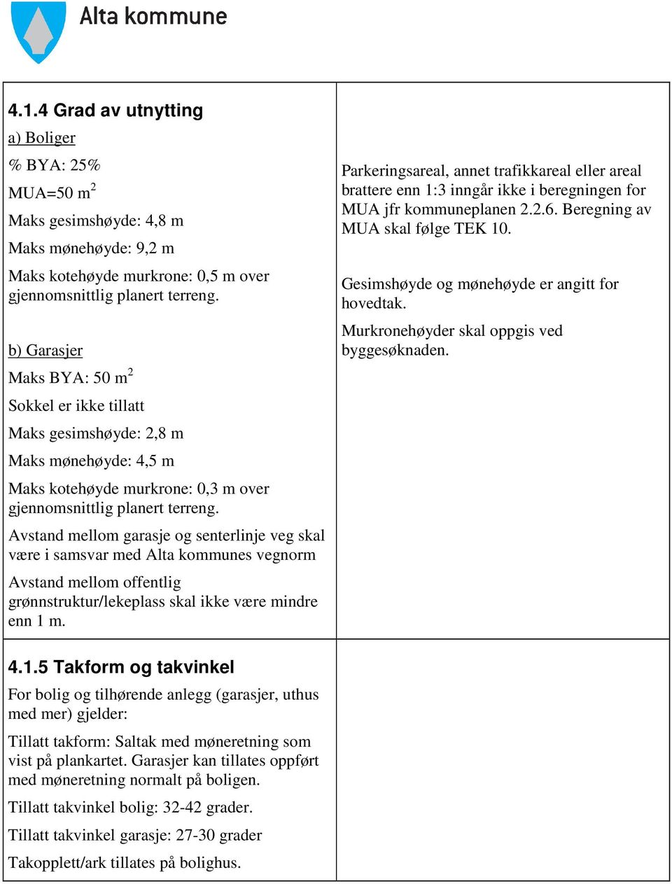 Avstand mellom garasje og senterlinje veg skal være i samsvar med Alta kommunes vegnorm Avstand mellom offentlig grønnstruktur/lekeplass skal ikke være mindre enn 1 m.