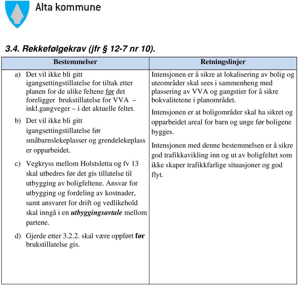 c) Vegkryss mellom Holstsletta og fv 13 skal utbedres før det gis tillatelse til utbygging av boligfeltene.