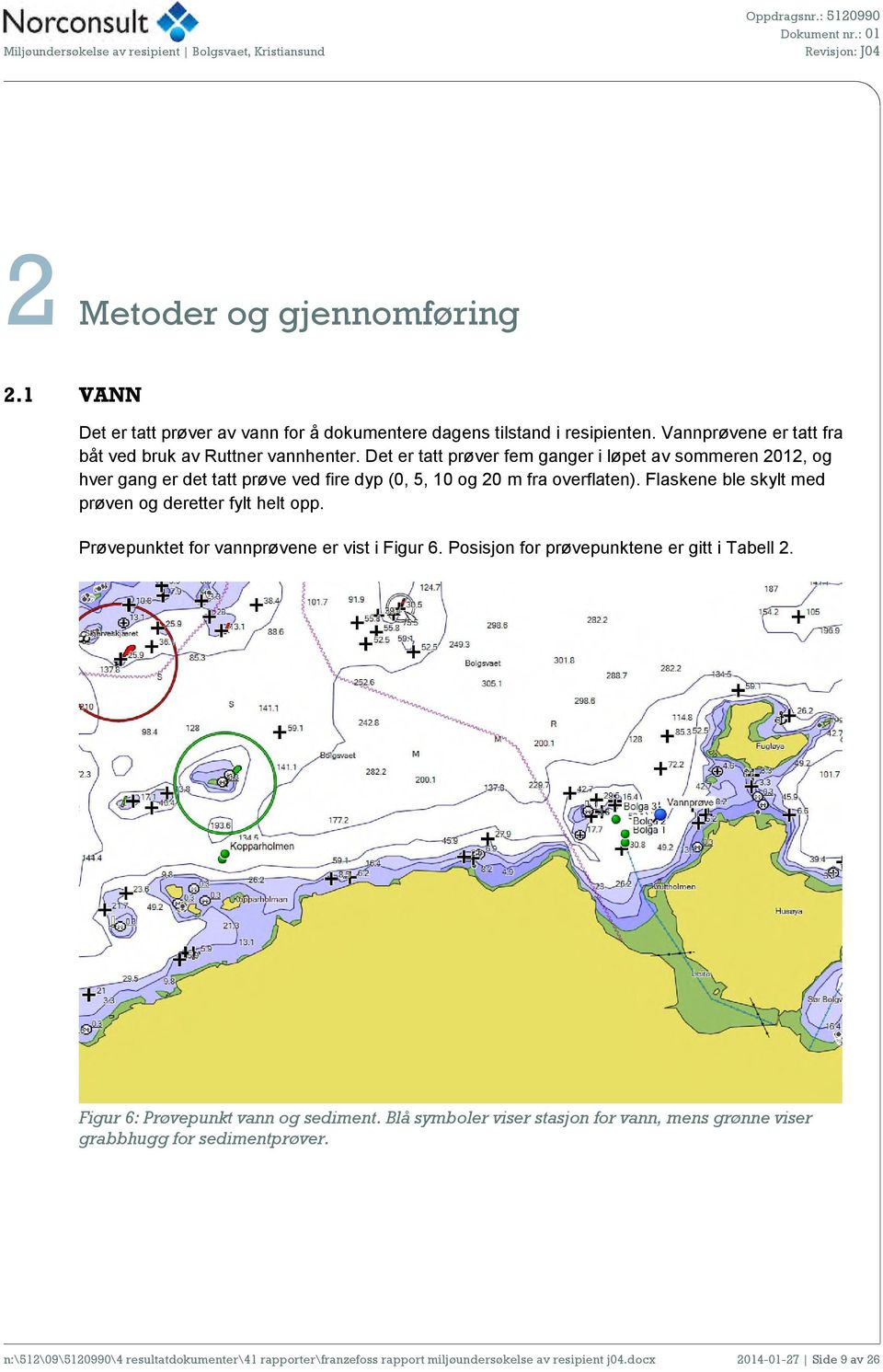 Det er tatt prøver fem ganger i løpet av sommeren 2012, og hver gang er det tatt prøve ved fire dyp (0, 5, 10 og 20 m fra overflaten). Flaskene ble skylt med prøven og deretter fylt helt opp.