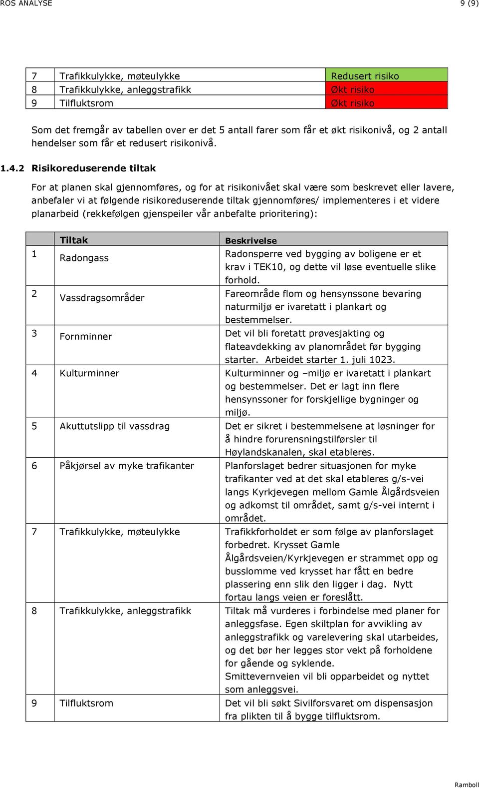 2 Risikoreduserende tiltak For at planen skal gjennomføres, og for at risikonivået skal være som beskrevet eller lavere, anbefaler vi at følgende risikoreduserende tiltak gjennomføres/ implementeres