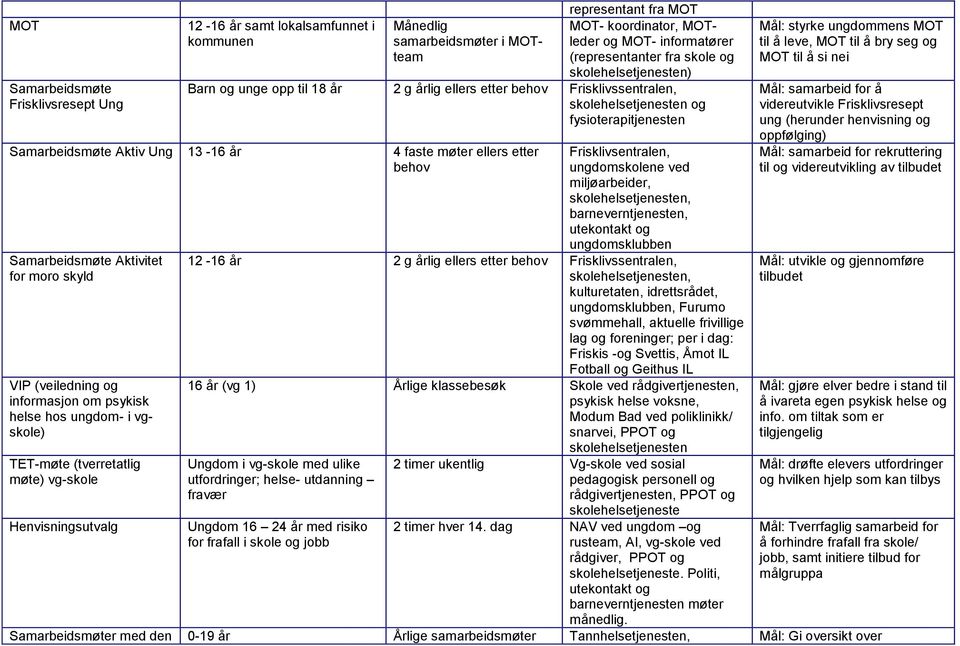 Samarbeidsmøte Aktivitet for moro skyld VIP (veiledning og informasjon om psykisk helse hos ungdom- i vgskole) TET-møte (tverretatlig møte) vg-skole Henvisningsutvalg Frisklivsentralen, ungdomskolene