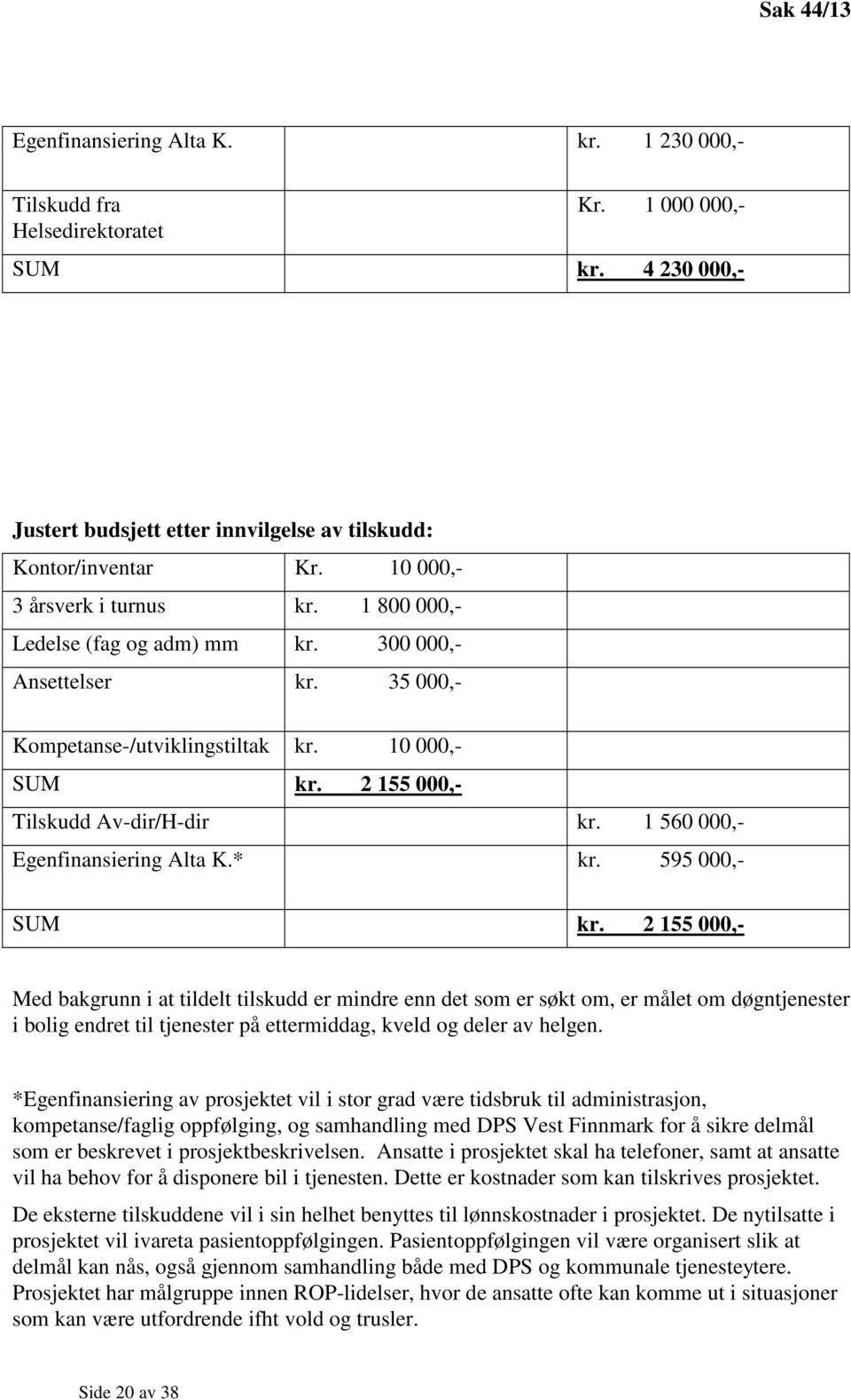 1 560 000,- Egenfinansiering Alta K.* kr. 595 000,- SUM kr.