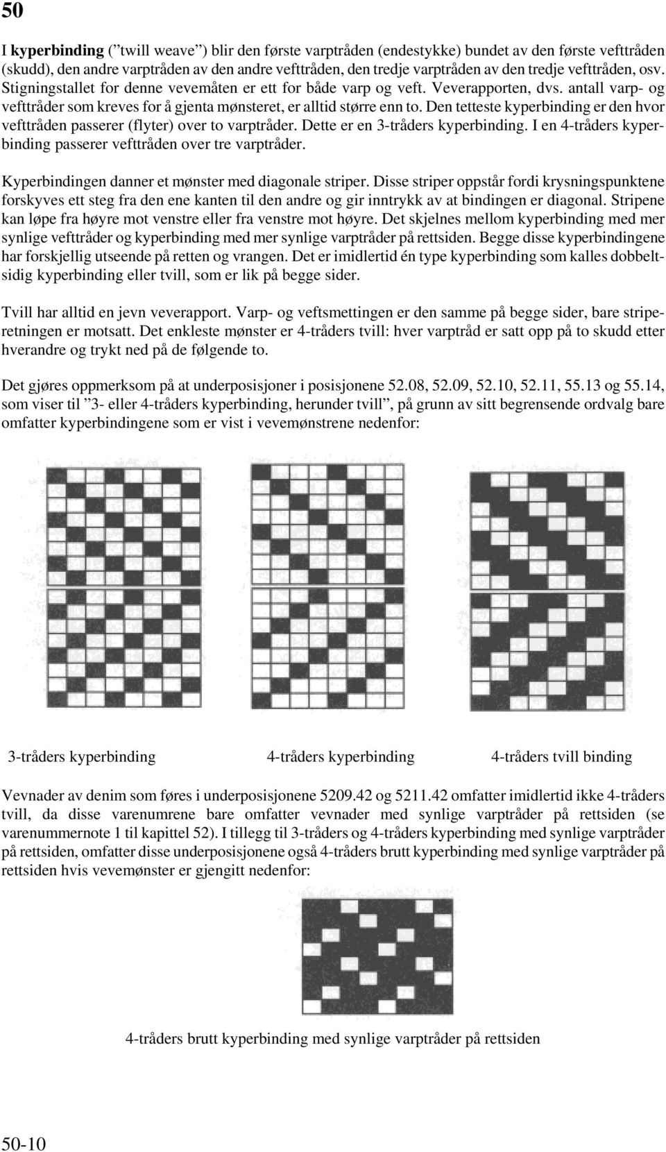 Den tetteste kyperbinding er den hvor vefttråden passerer (flyter) over to varptråder. Dette er en 3-tråders kyperbinding. I en 4-tråders kyperbinding passerer vefttråden over tre varptråder.