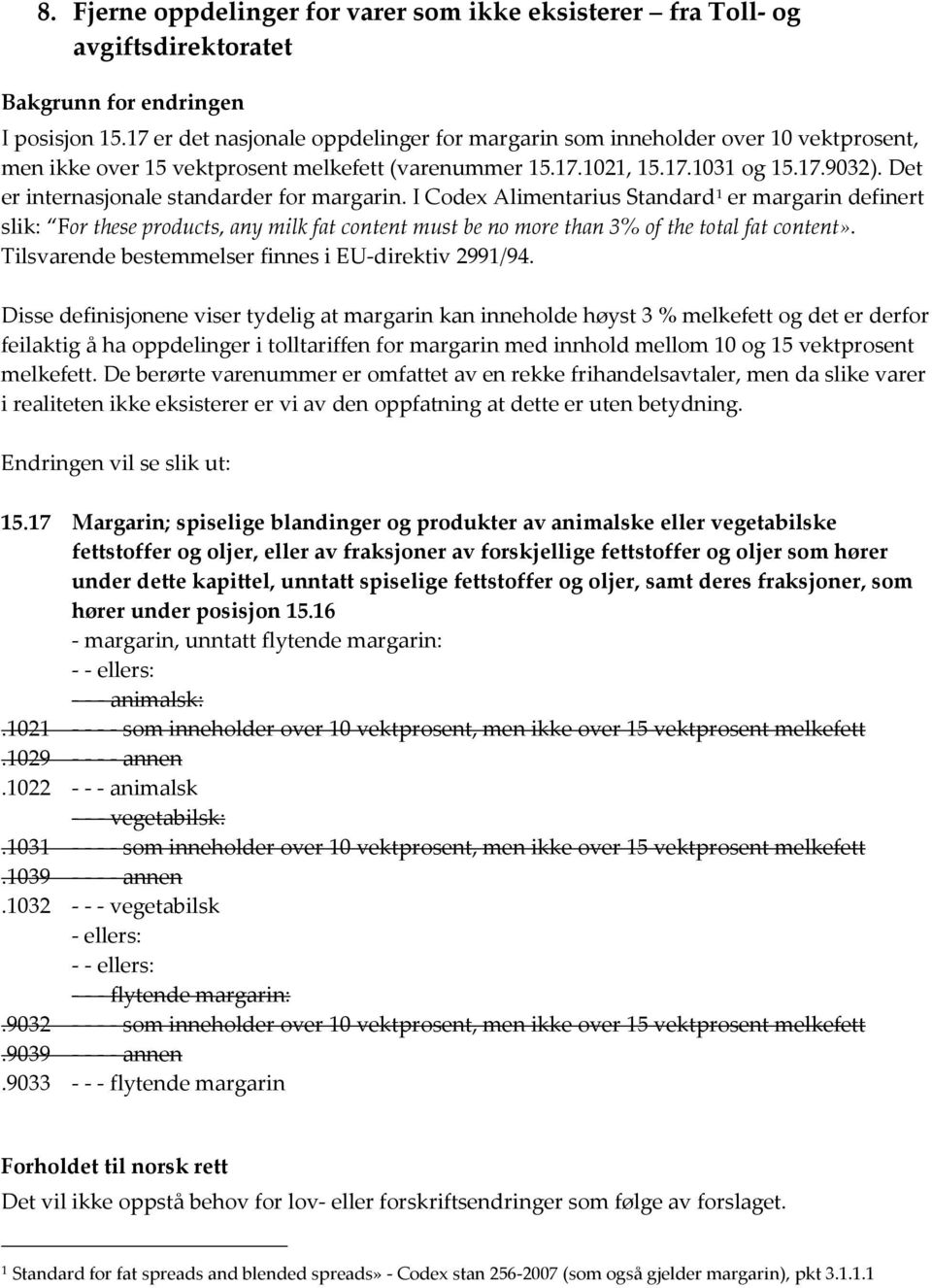 Det er internasjonale standarder for margarin. I Codex Alimentarius Standard 1 er margarin definert slik: For these products, any milk fat content must be no more than 3% of the total fat content».