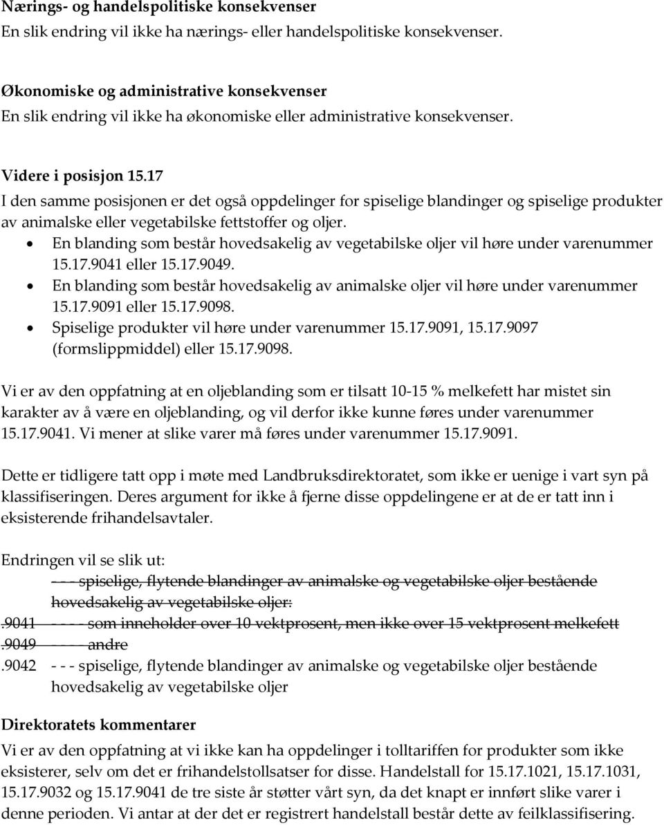 17 I den samme posisjonen er det også oppdelinger for spiselige blandinger og spiselige produkter av animalske eller vegetabilske fettstoffer og oljer.