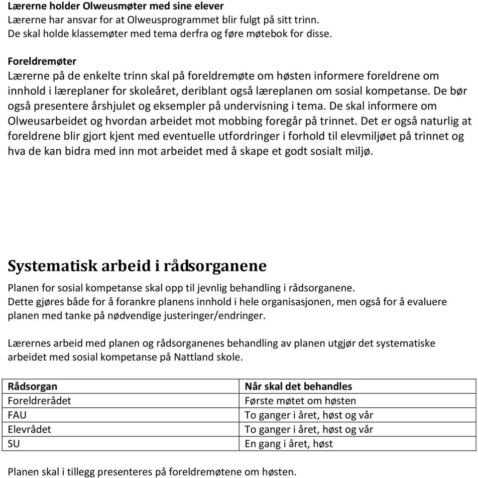 De bør også presentere årshjulet og eksempler på undervisning i tema. De skal informere om Olweusarbeidet og hvordan arbeidet mot mobbing foregår på trinnet.