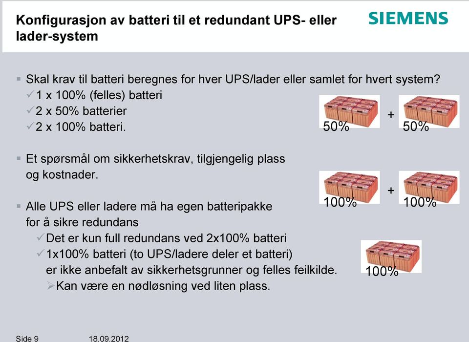 50% + 50% Alle UPS eller ladere må ha egen batteripakke for å sikre redundans Det er kun full redundans ved 2x100% batteri 1x100% batteri (to