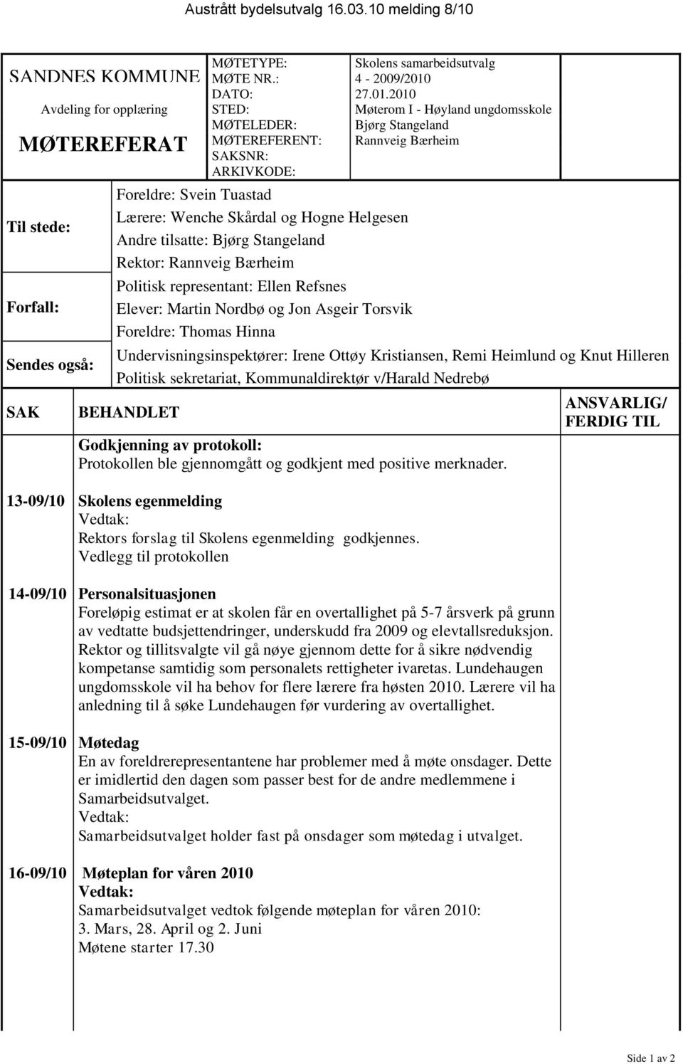 2010 Avdeling for opplæring STED: Møterom I - Høyland ungdomsskole MØTELEDER: Bjørg Stangeland MØTEREFERENT: Rannveig Bærheim SAKSNR: ARKIVKODE: SANDNES KOMMUNE MØTEREFERAT Til stede: Forfall: Sendes