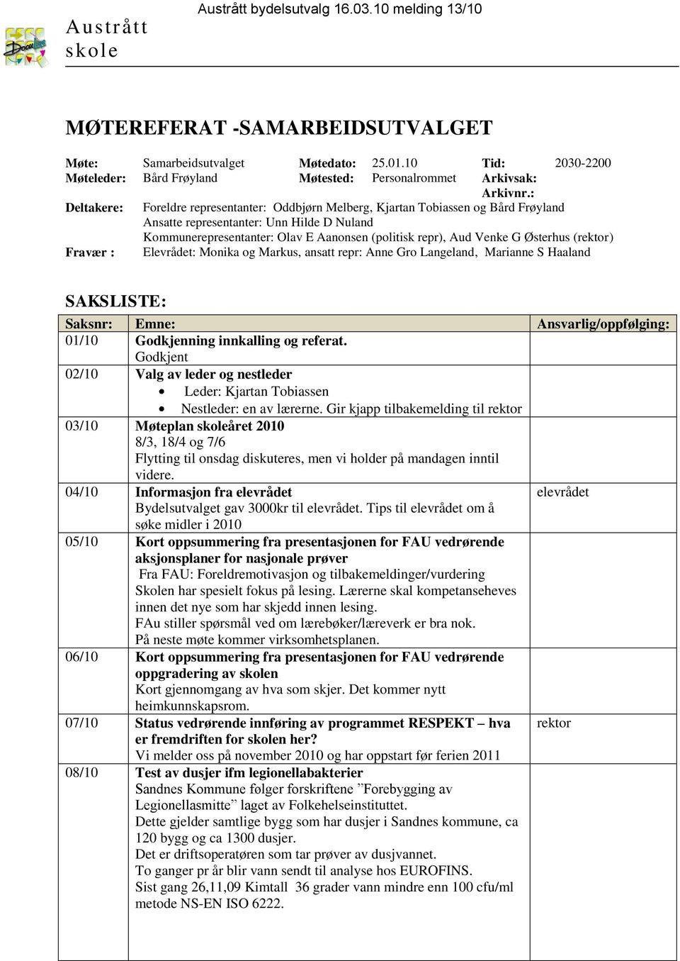 : Deltakere: Foreldre representanter: Oddbjørn Melberg, Kjartan Tobiassen og Bård Frøyland Ansatte representanter: Unn Hilde D Nuland Kommunerepresentanter: Olav E Aanonsen (politisk repr), Aud Venke