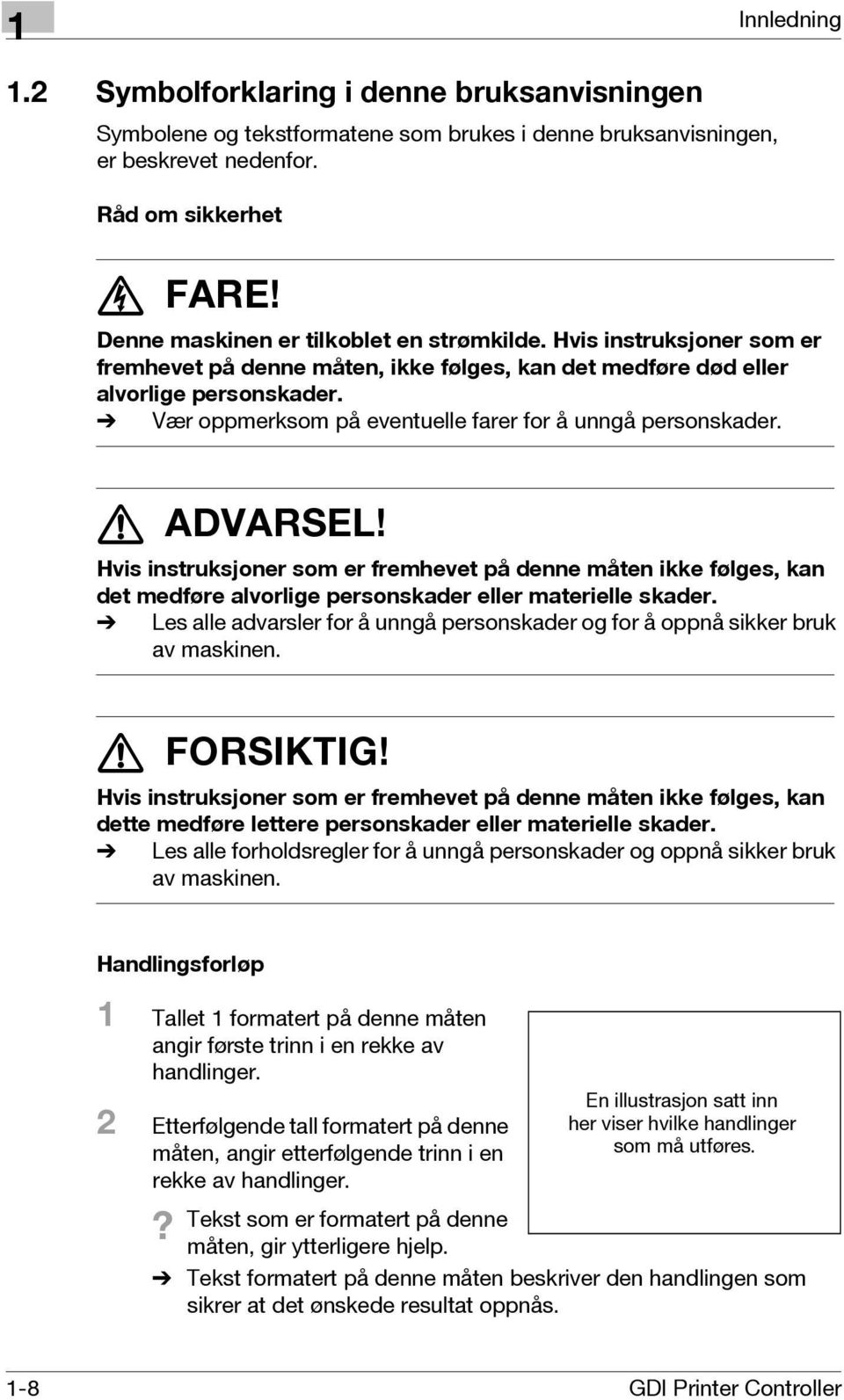 % Vær oppmerksom på eventuelle farer for å unngå personskader. 7 ADVARSEL!