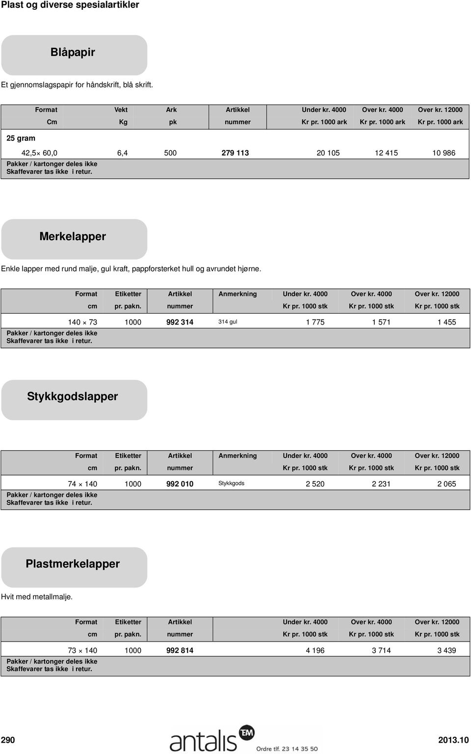 Format Etiketter Artikkel Anmerkning Under kr. 4000 Over kr. 4000 Over kr. 12000 cm pr. pakn.