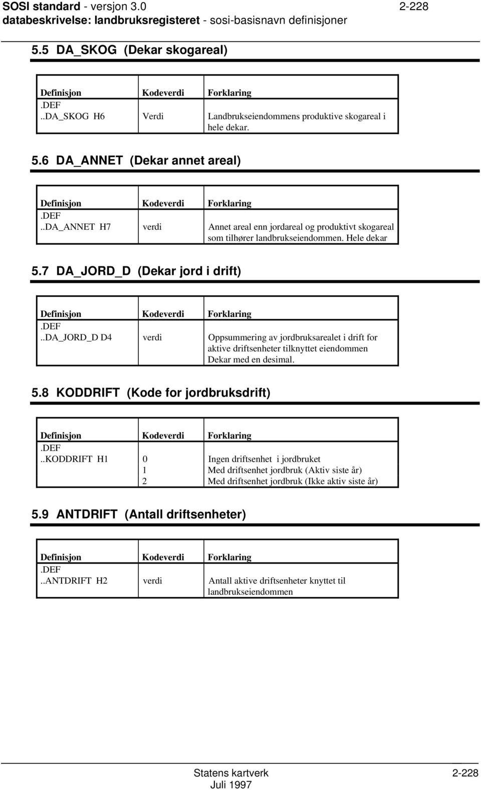 .da_jord_d D4 verdi Oppsummering av jordbruksarealet i drift for aktive driftsenheter tilknyttet eiendommen Dekar med en desimal. 5.8 KODDRIFT (Kode for jordbruksdrift).