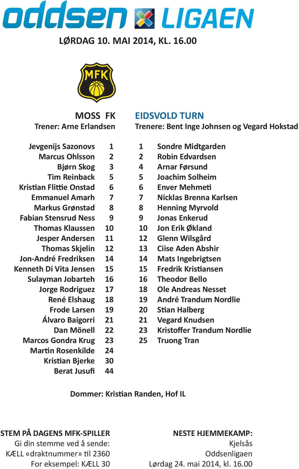 Grønstad Fabian Stensrud Ness Thomas Klaussen Jesper Andersen Thomas Skjelin Jon-André Fredriksen Kenneth Di Vita Jensen Sulayman Jobarteh Jorge Rodriguez René Elshaug Frode Larsen Álvaro Baigorri