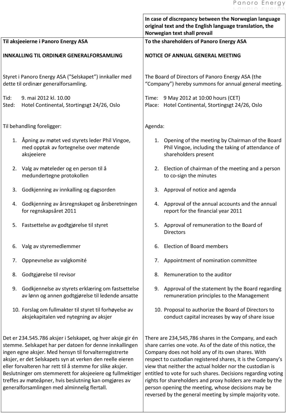 mai 2012 kl. 10.00 Sted: Hotel Continental, Stortingsgt 24/26, Oslo The Board of Directors of Panoro Energy ASA (the Company ) hereby summons for annual general meeting.