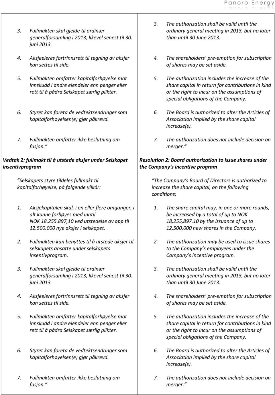 Styret kan foreta de vedtektsendringer som kapitalforhøyelsen(e) gjør påkrevd. 7. Fullmakten omfatter ikke beslutning om fusjon.