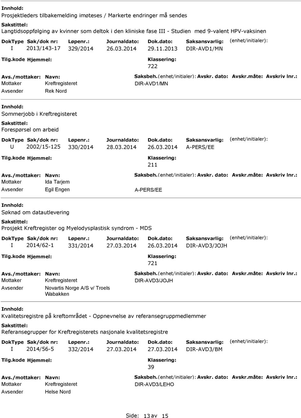 2014 A-PERS/EE 211 Mottaker da Tarjem Egil Engen A-PERS/EE Søknad om datautlevering Prosjekt Kreftregister og Myelodysplastisk syndrom - MDS 2014/62-1 331/2014 DR-AVD3/JOJH DR-AVD3/JOJH