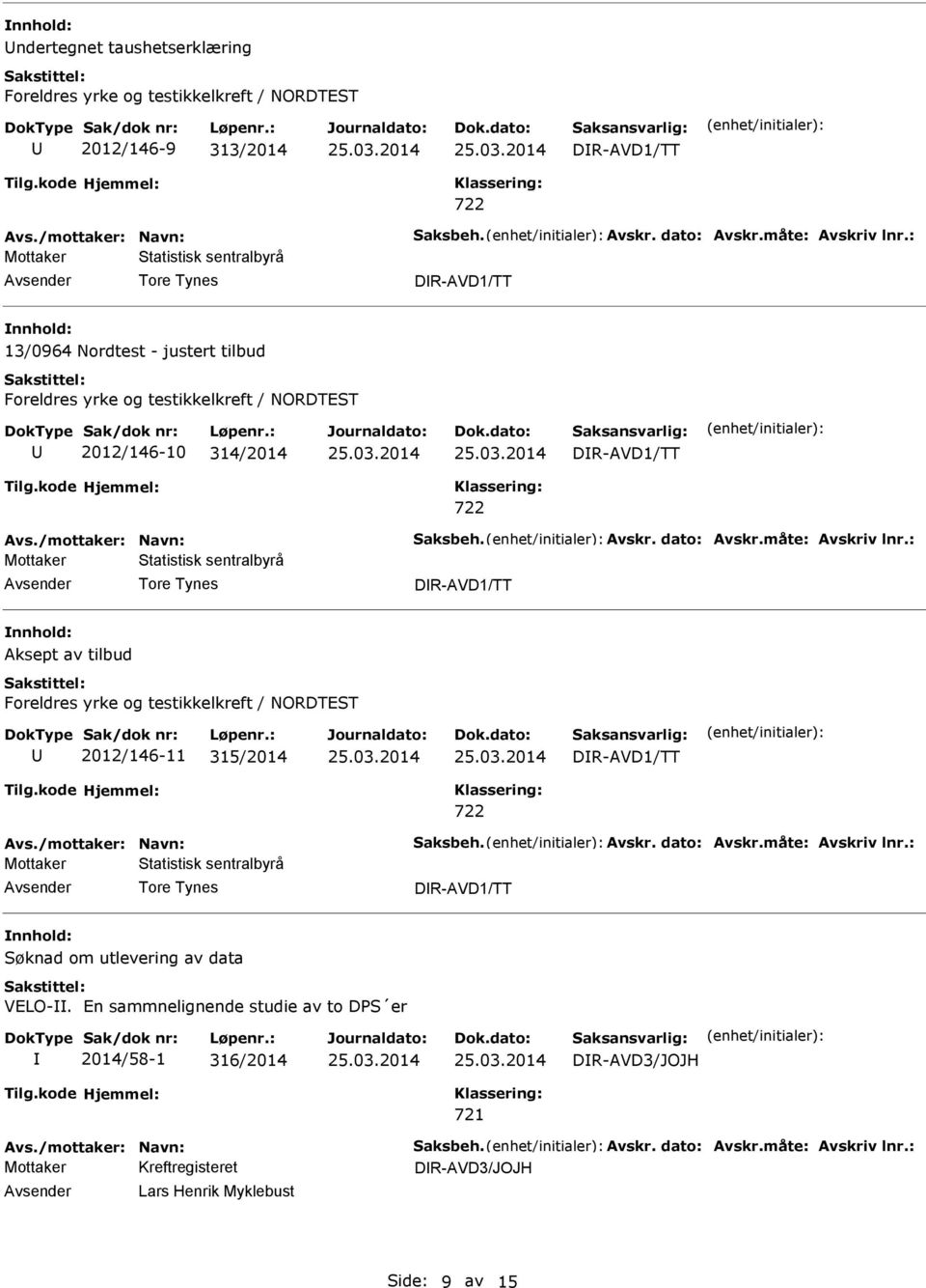 Tore Tynes DR-AVD1/TT Aksept av tilbud Foreldres yrke og testikkelkreft / NORDTEST 2012/146-11 315/2014 DR-AVD1/TT Mottaker Statistisk sentralbyrå Tore