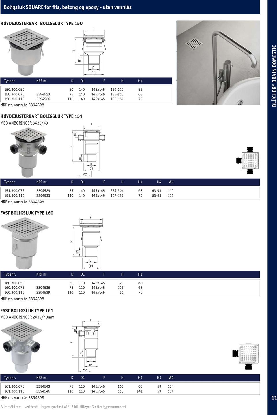 300.075 3394529 75 140 145x145 274-304 63 63-93 119 151.300.110 3394533 110 140 145x145 167-197 79 63-93 119 vannlås 3394898 FAST BOLIGSLUK TYPE 160 D D1 F H H1 160.300.050 50 110 145x145 193 60 160.