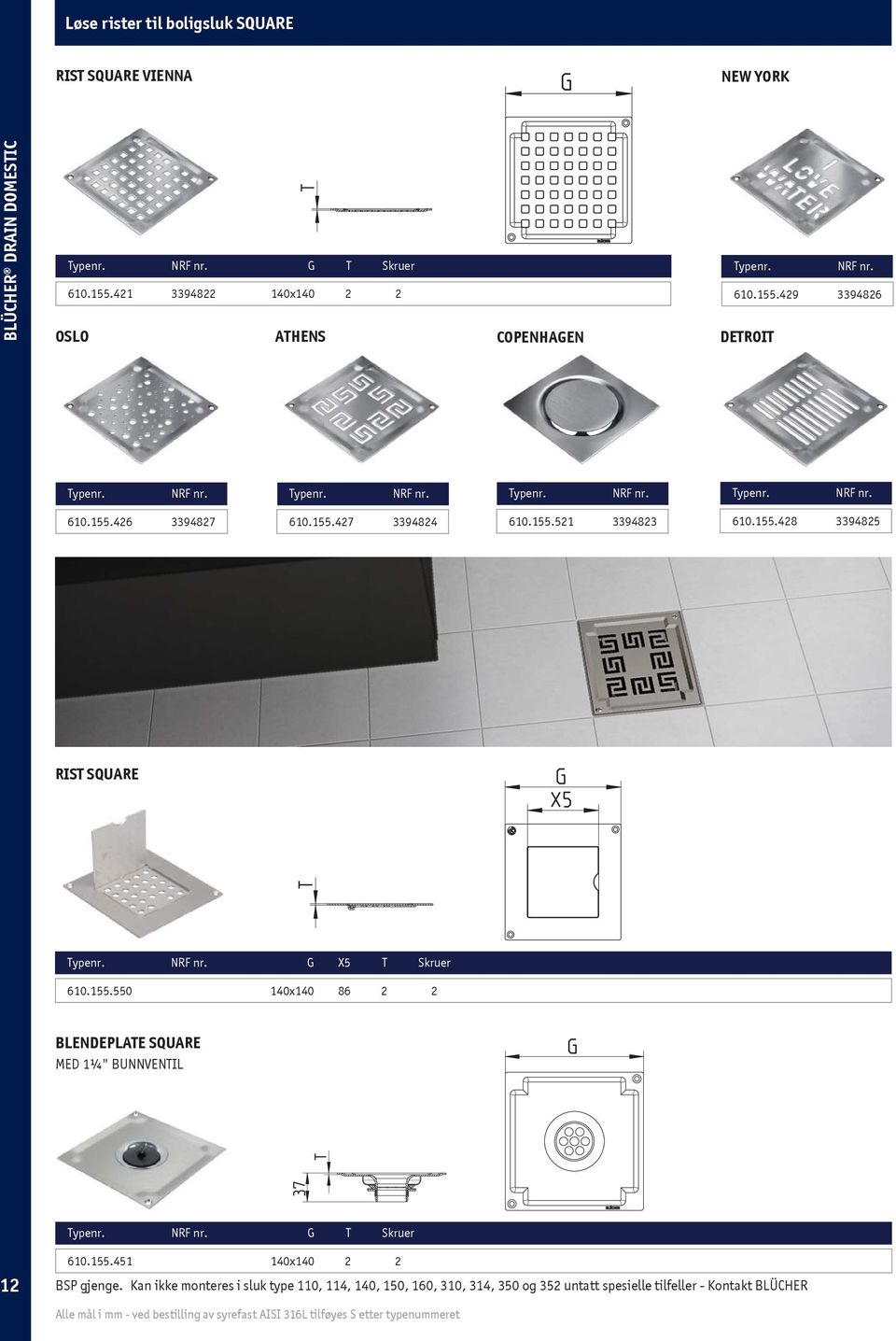 155.428 3394825 RIST SQUARE G X5 T Skruer 610.155.550 140x140 86 2 2 BLENDEPLATE SQUARE MED 1¼" BUNNVENTIL G T Skruer 12 610.