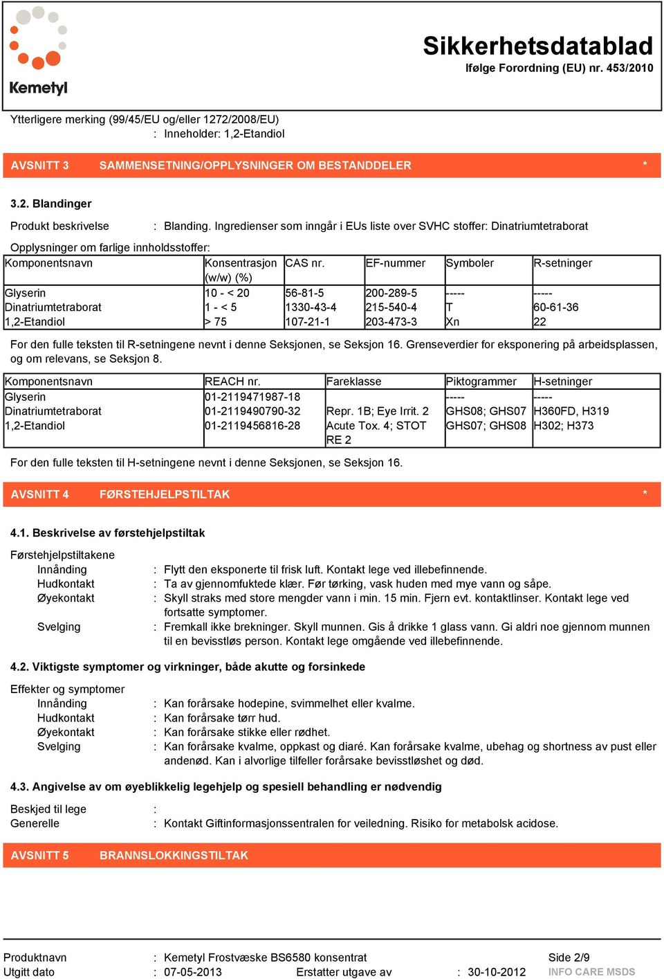 EF-nummer Symboler R-setninger (w/w) (%) Glyserin 10 - < 20 56-81-5 200-289-5 ----- ----- Dinatriumtetraborat 1 - < 5 1330-43-4 215-540-4 T 60-61-36 1,2-Etandiol > 75 107-21-1 203-473-3 Xn 22 For den