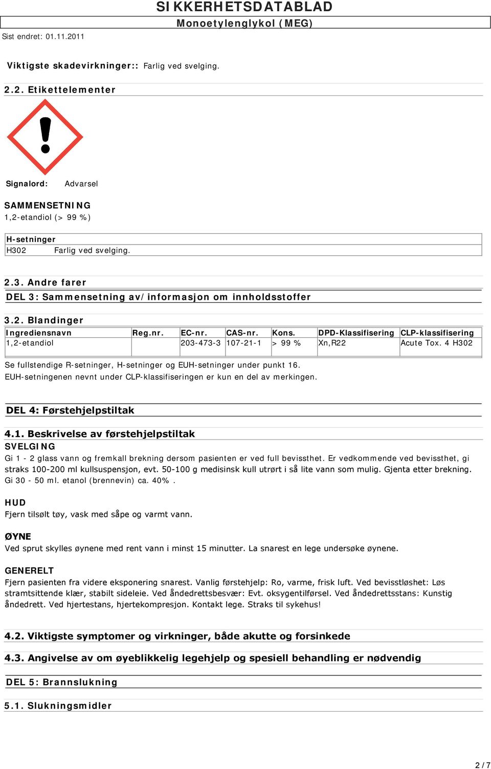 DPD-Klassifisering CLP-klassifisering 1,2-etandiol 203-473-3 107-21-1 > 99 % Xn,R22 Acute Tox. 4 H302 Se fullstendige R-setninger, H-setninger og EUH-setninger under punkt 16.