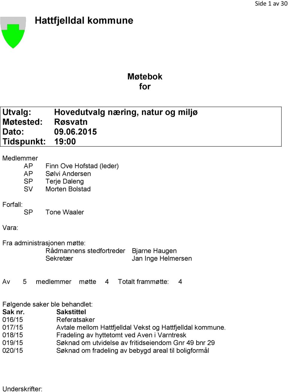 Rådmannens stedfortreder Bjarne Haugen Sekretær Jan Inge Helmersen Av 5 medlemmer møtte 4 Totalt frammøtte: 4 Følgende saker ble behandlet: Sak nr.