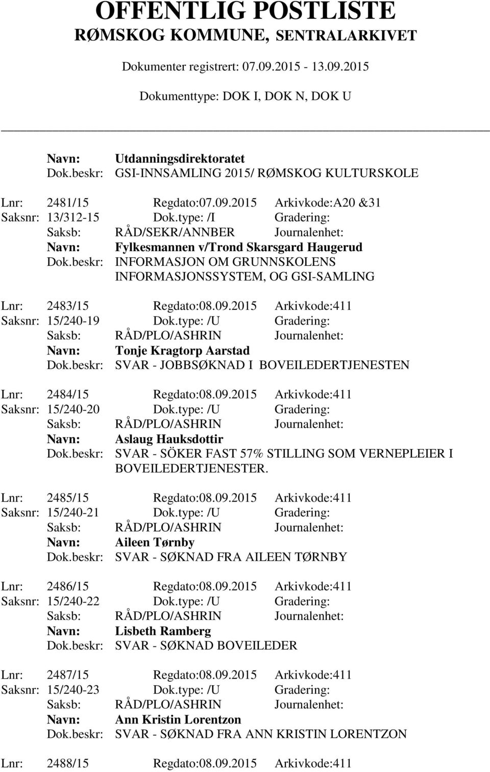 2015 Arkivkode:411 Saksnr: 15/240-19 Dok.type: /U Gradering: Tonje Kragtorp Aarstad Dok.beskr: SVAR - JOBBSØKNAD I BOVEILEDERTJENESTEN Lnr: 2484/15 Regdato:08.09.