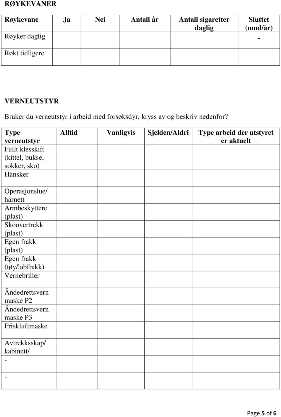 Type verneutstyr Fullt klesskift (kittel, bukse, sokker, sko) Hansker Alltid Vanligvis Sjelden/Aldri Type arbeid der utstyret er aktuelt