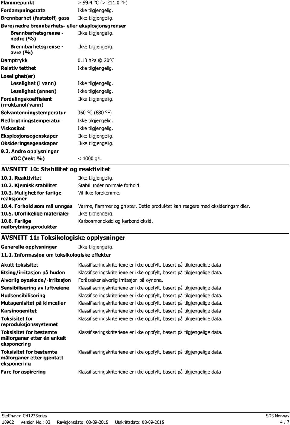 13 hpa @ 20 C Relativ tetthet Løselighet(er) Løselighet (i vann) Løselighet (annen) Fordelingskoeffisient (n-oktanol/vann) Selvantenningstemperatur Nedbrytningstemperatur Viskositet