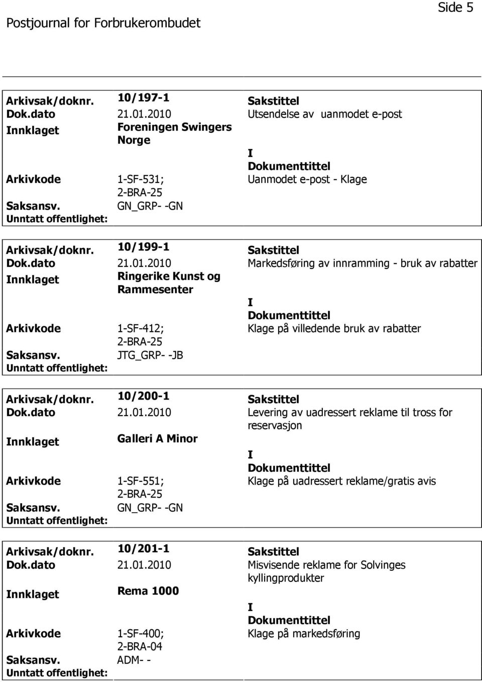 2010 Markedsføring av innramming - bruk av rabatter nnklaget Ringerike Kunst og Rammesenter 1-SF-412; Klage på villedende bruk av rabatter JTG_GRP- -JB Arkivsak/doknr.